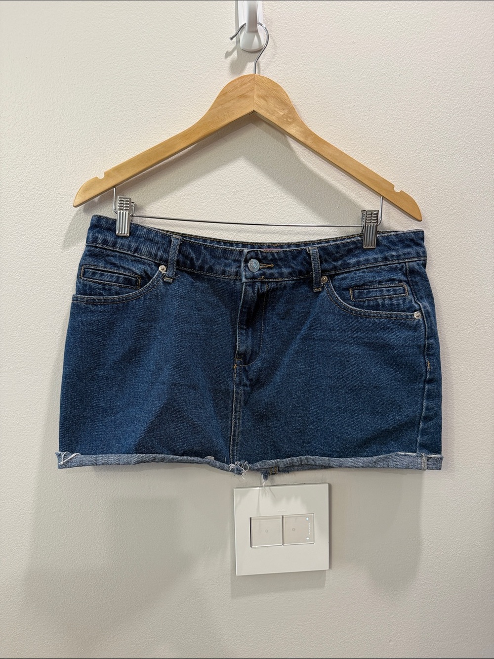 Edikted Blue Denim Micro Mini Skirt With Raw Hem Sz L